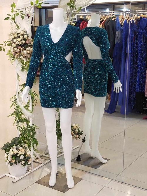 Green Longsleeves Open Back Sequins Glittery Cocktail Dress