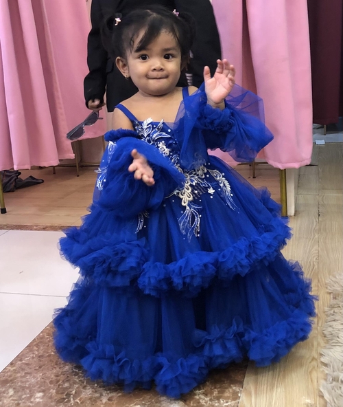 Royal Blue Puffy Flowery Pearl Long sleeves Gown For Kids