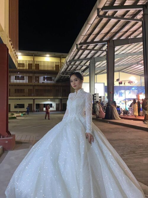 Luxury Front Beads Longsleeves Wedding Gown 