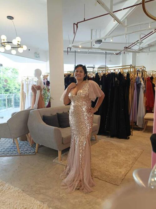 Plus Size Gold Mesh Sleeves Sequins Glittery Mermaid Long Gown
