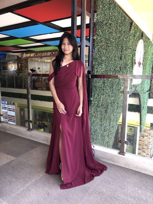 Maroon One Shoulder Draped Side High Slit Bridesmaid Dress