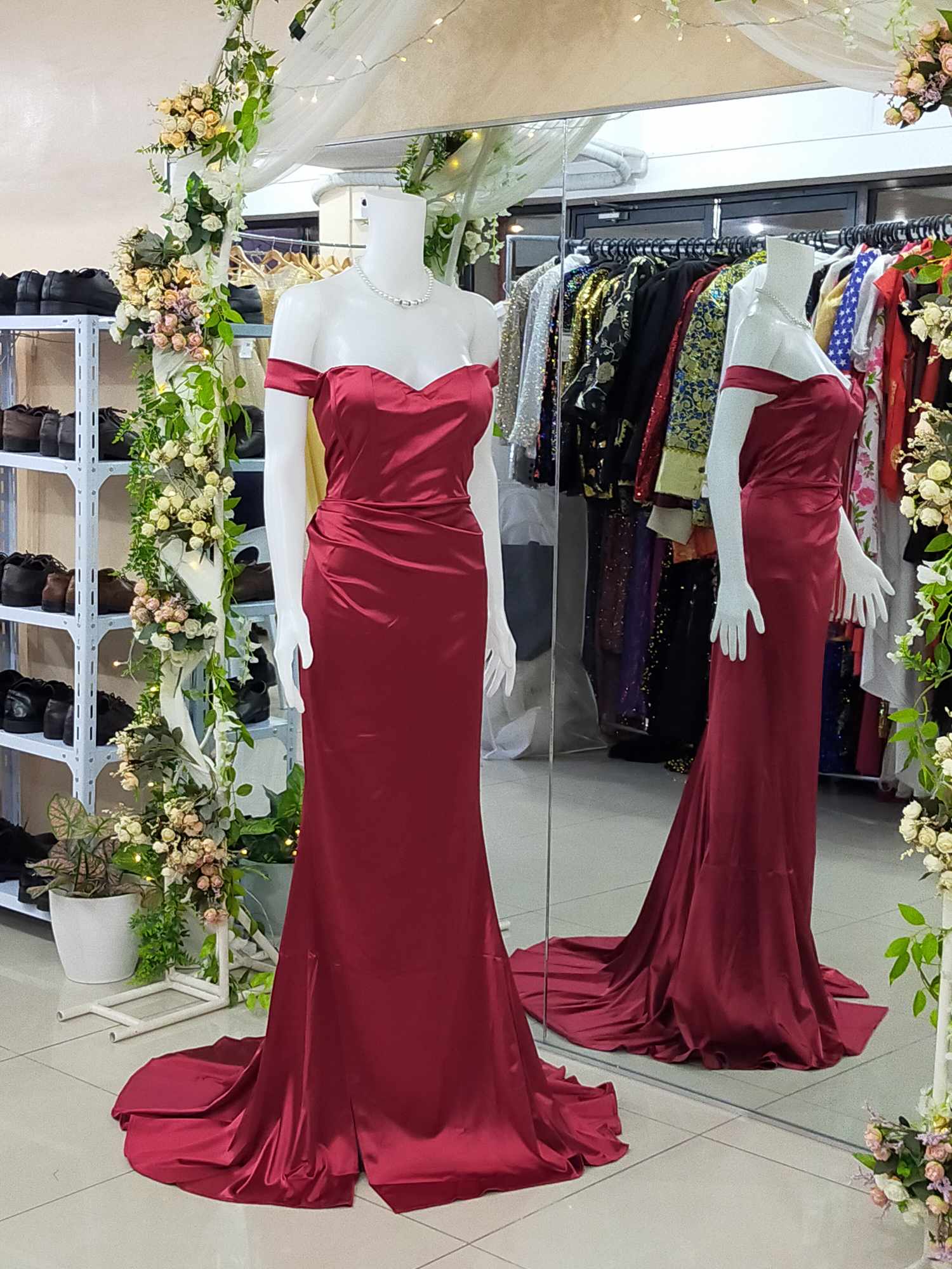 Plus Size Red Satin Offshoulder Gown