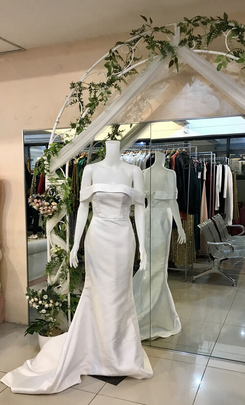 White Off shoulder Satin Floral Sleeves Mermaid Wedding Dress