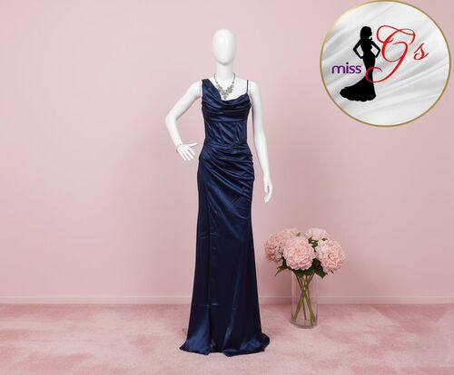 Navy Blue Satin Asymmetrical Draped Bridesmaid Gown