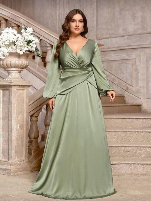  Plus Size (Curve) Sage Green Overlap Waistband Bridesmaid Gown