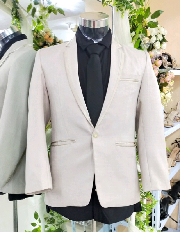 PHUOC LOI Taupe One Button With Pockets andGold Lining Tuxedo Suit Set