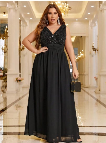 Plus Size Women's Sequin Patchwork Sleeveless Chiffon Evening Dress