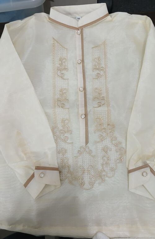 Chinese Collar White Brown Line Barong Kids 