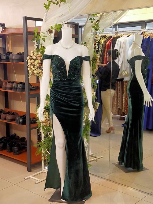 Emerald Green Velvet Off Shoulder Slit Gown