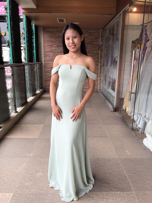 Sage Green Off Shoulder Bridesmaid Gown