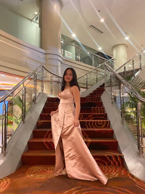  Rose Gold Deep V-Cleavage Satin Gown