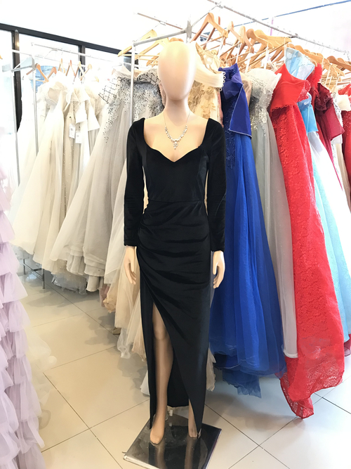 Black Velvet Longsleeves With Slit Long Gown
