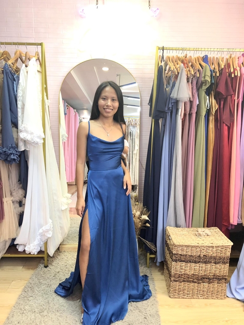 Teal Blue Satin Criss Cross Back Bridesmaid