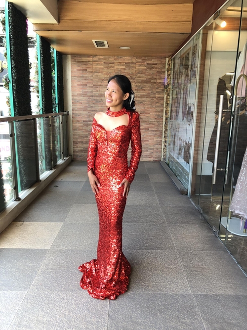 Red Asymmetrical Neck Sequins Long Gown 