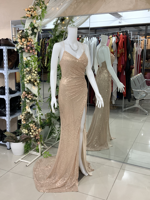 Rose Gold Small Sequins Glittery Cross Back Long Gown