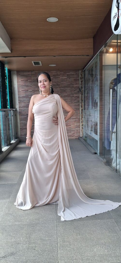 Nude One Shoulder Chiffon with Flowing Train Bridesmaid Gown