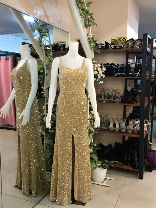 Gold Sequins Glittery Spaghetti Strap Front Slit Long Gown