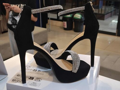 Black Velvet Crystal Strap Heels