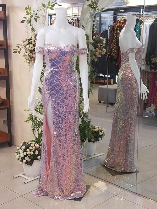 Purple Pink Sequins SLit Long Gown