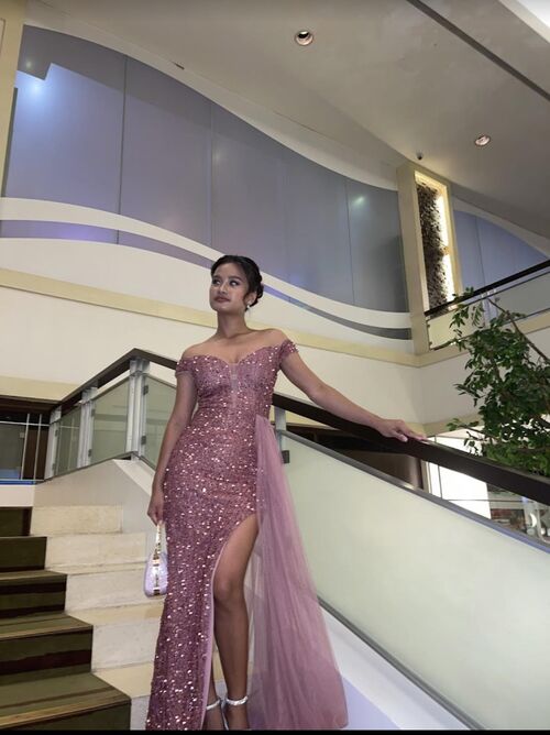  Old Rose Off shoulder Sequins Glittery with Side Slit & Mesh Drape Long Gown
