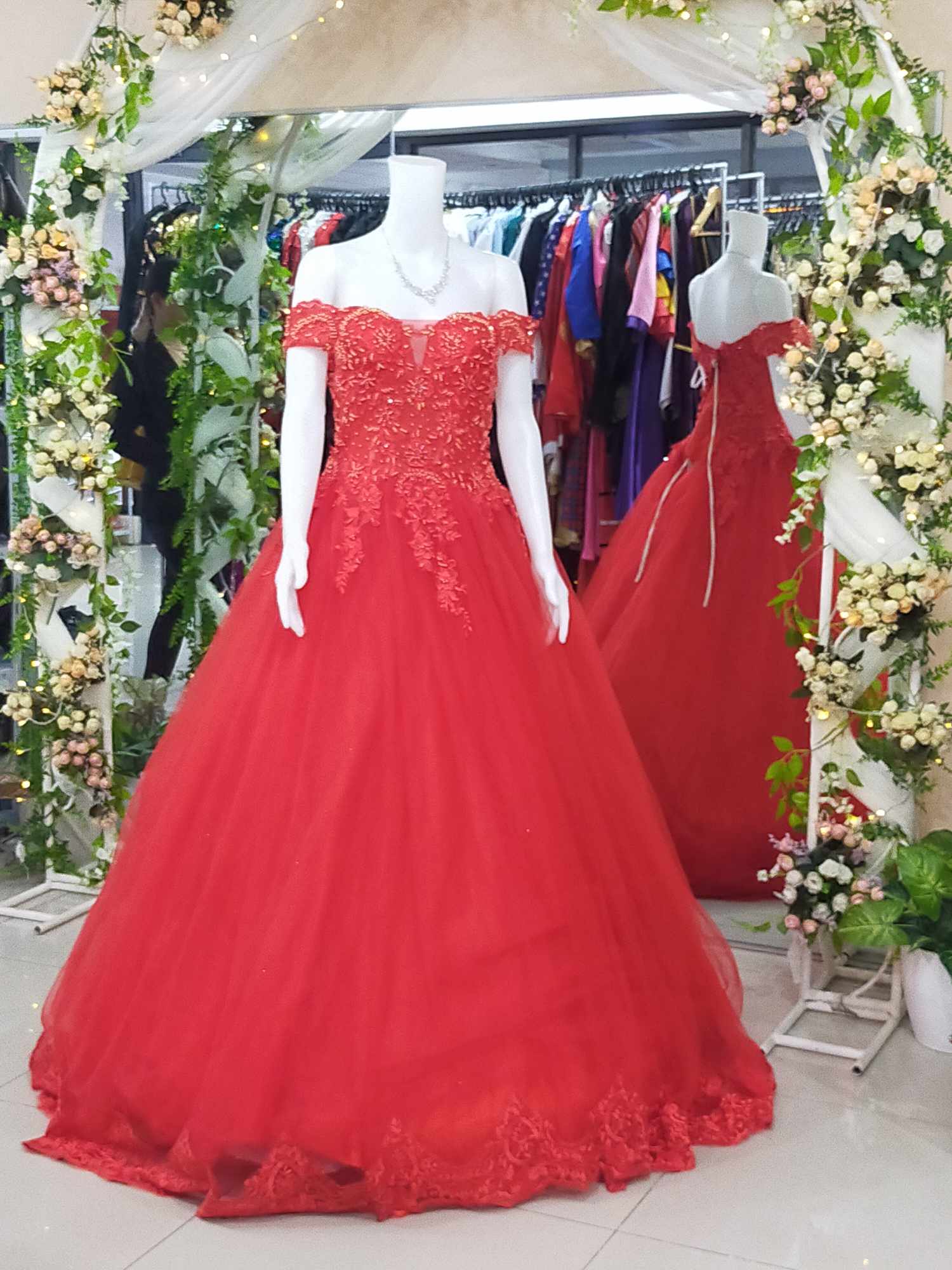 (SALE) Red Offshoulder Formal Embroidered Gown