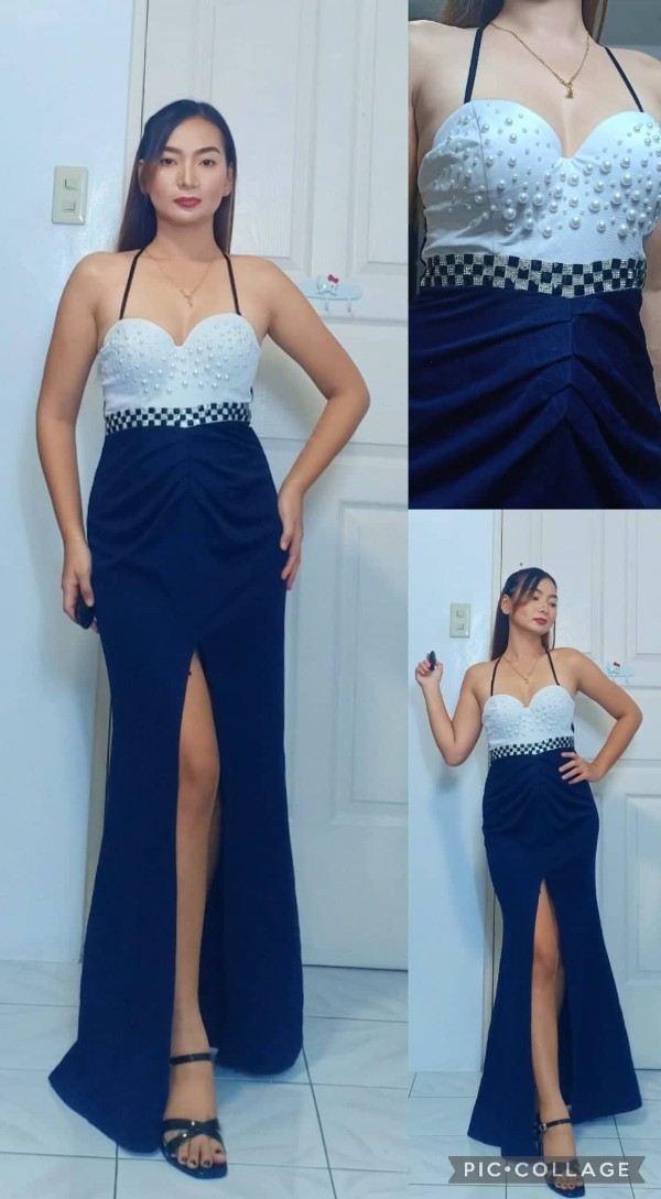 White Blue Front Slit Gown