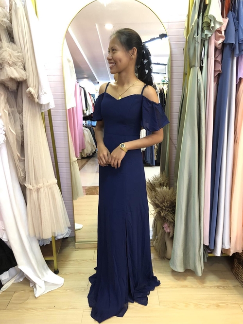 Navy Blue Off Shoulder Spaghetti Chiffon Slit Bridesmaid Gown