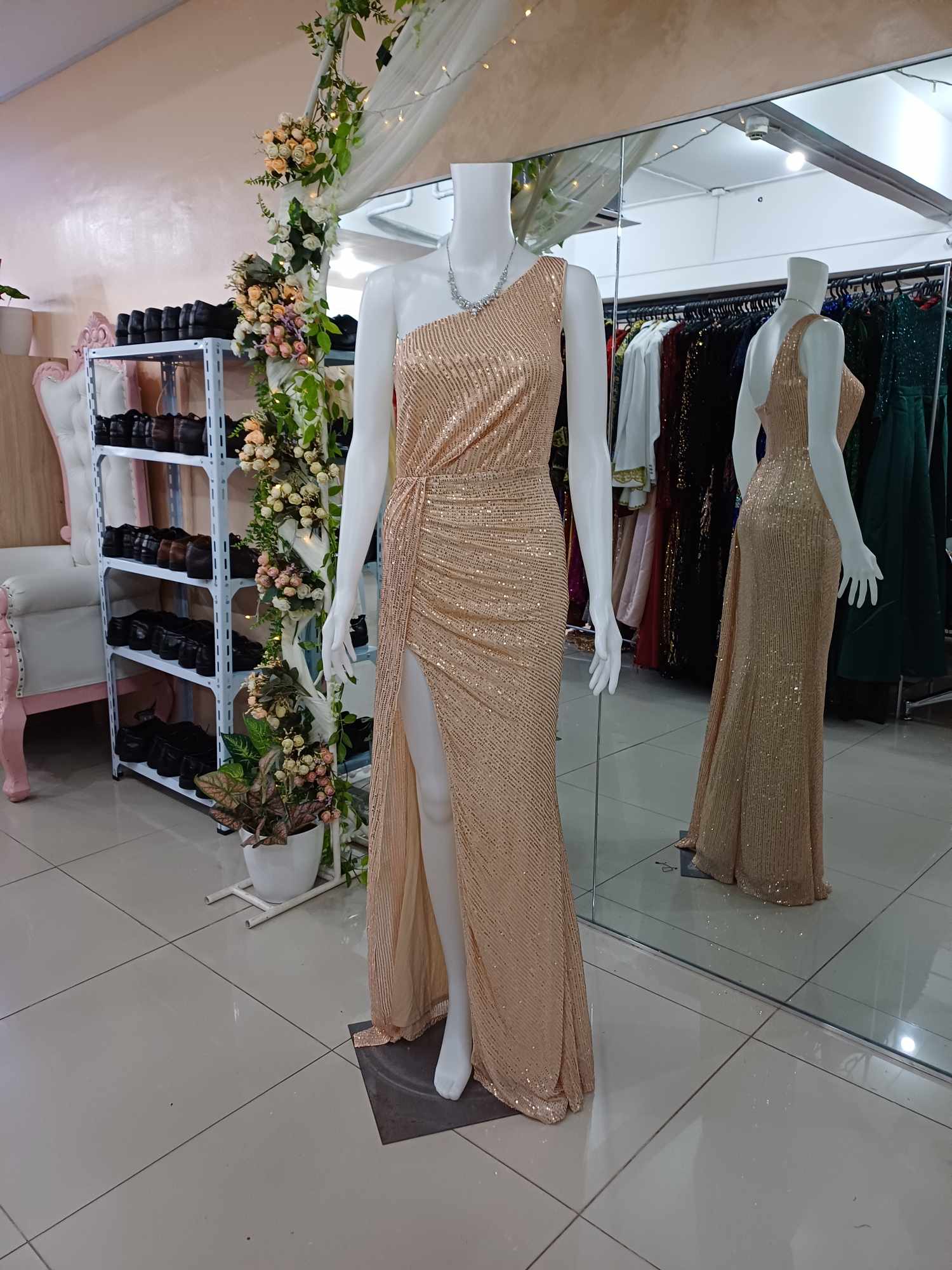  One Shoulder Pink Nude Sequins Slits