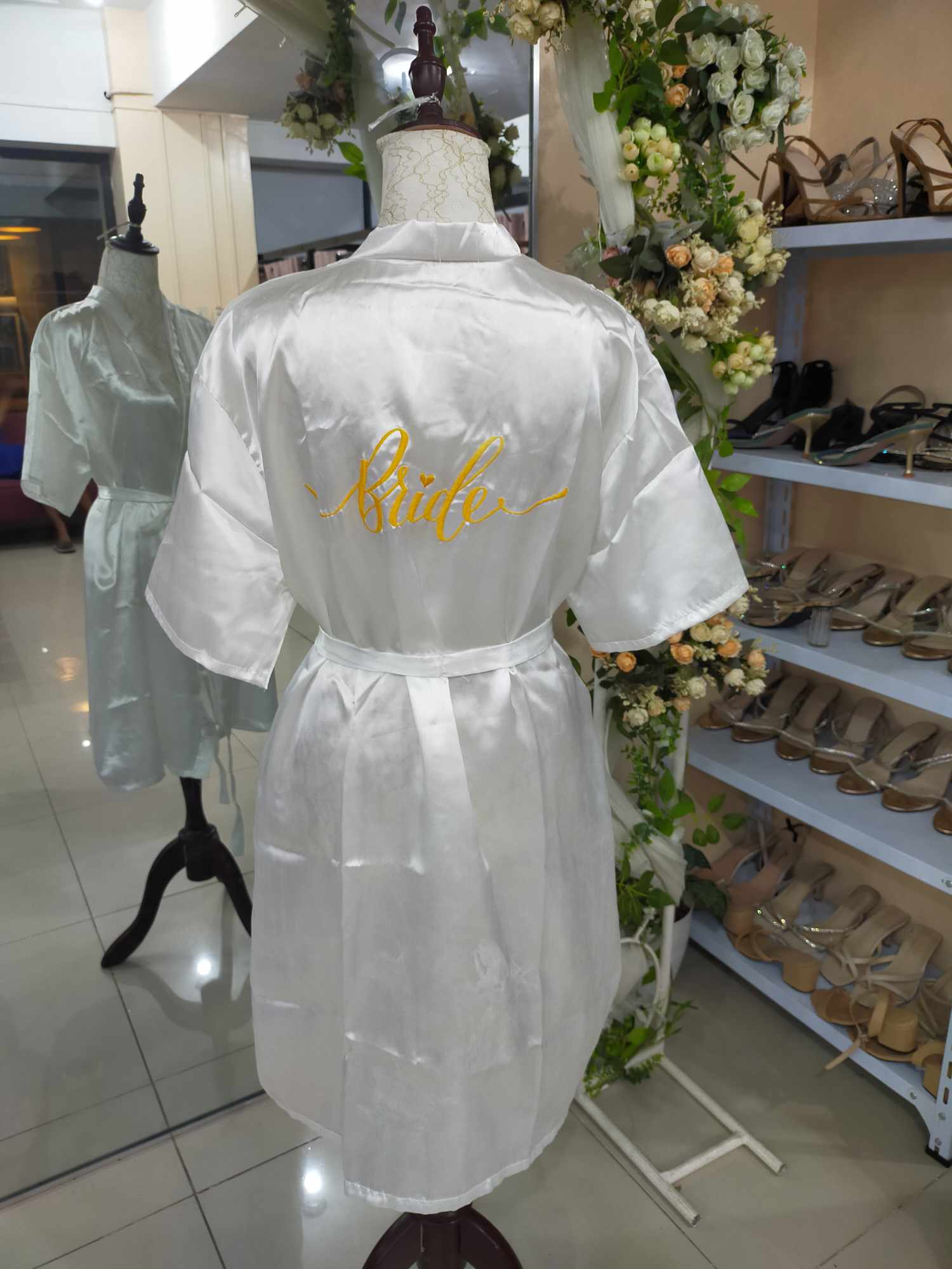 White Satin Robe - Bride Gold Embroid