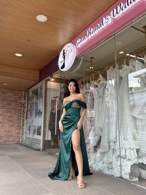 Dark Green Satin Asymmetrical Rhinestone Long Gown