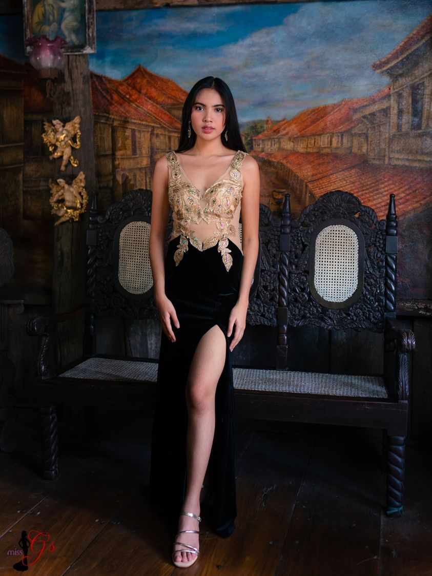 Black Gold See-Through Velvet Slit Gown