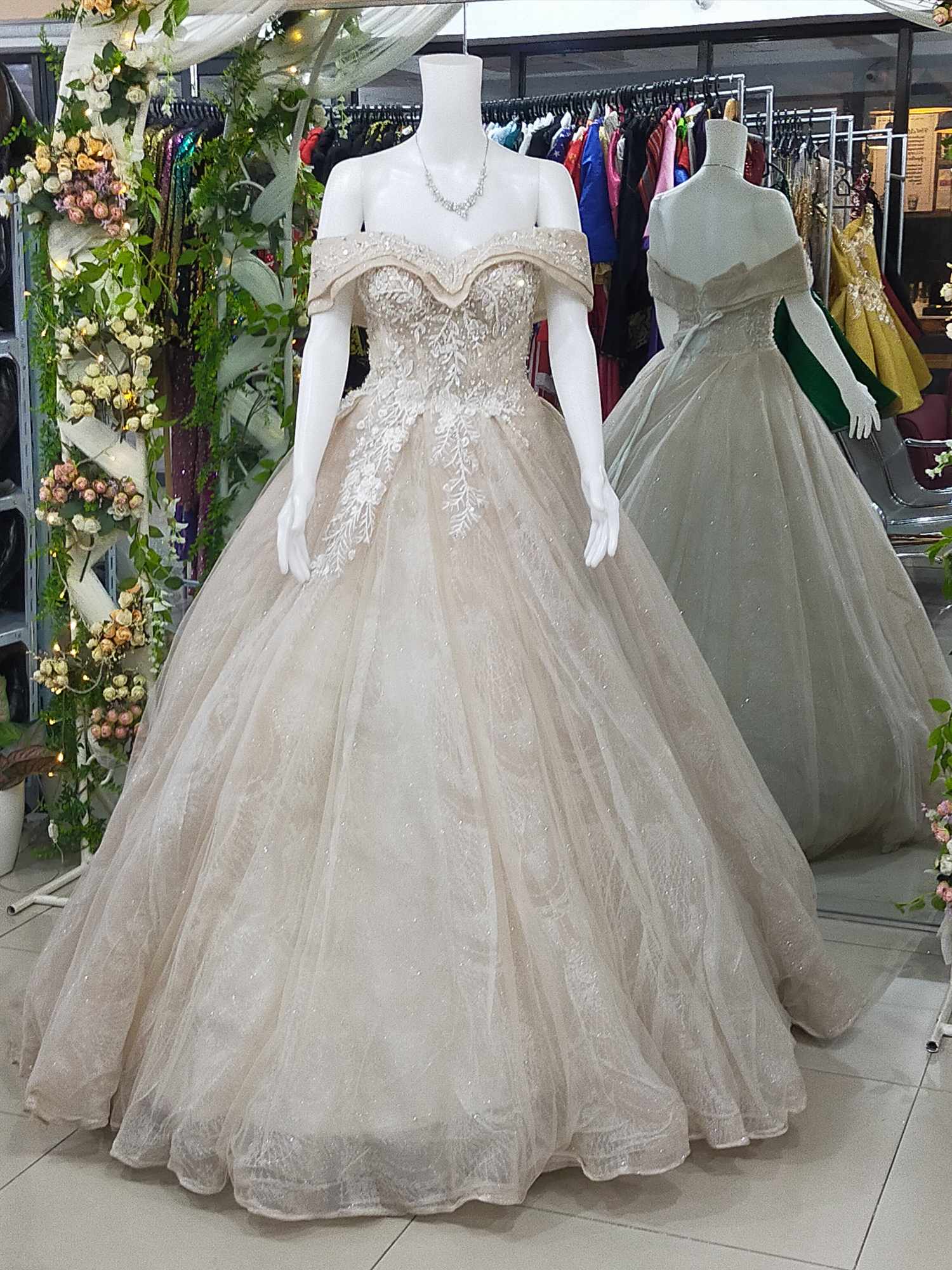 Off White Flower Embroidered Off Shoulder Ball Gown