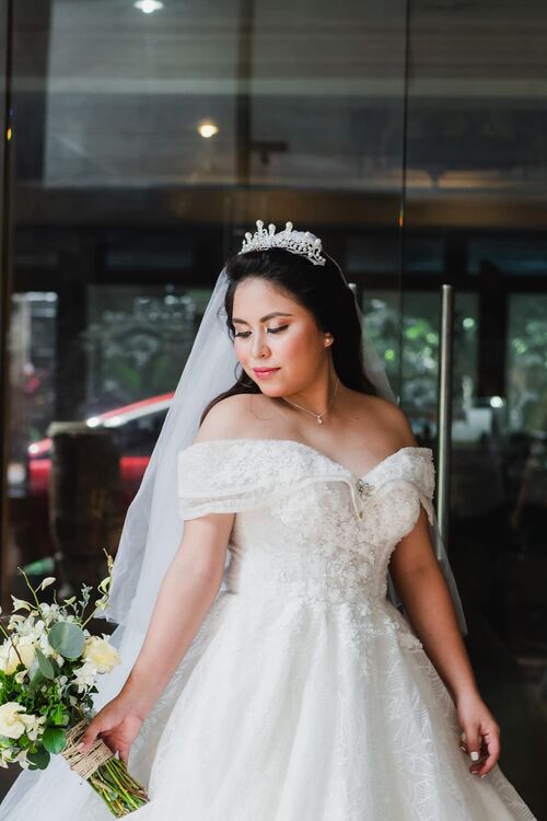 V Offshoulder Double Fold Glittery Wedding Gown