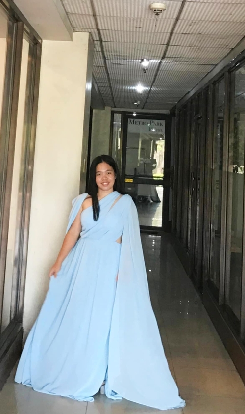 Baby Blue Miss Ord Asymmetrical Neck Cloak Sleeve Split Thigh Formal Dress