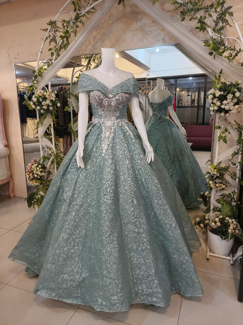 Light Blue Green Off Shoulder Corset Ball Gown