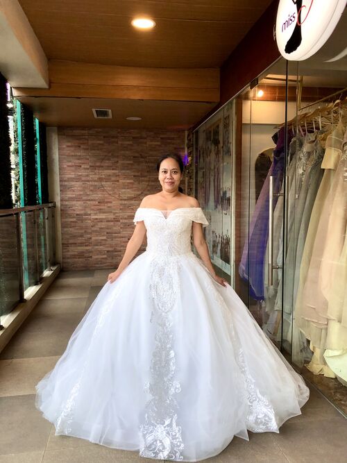 Puffy Off Shoulder Sequins Lace Wedding Gown