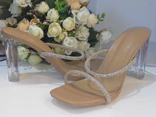 Clear Rhinestone Decor Chunky Heeled Mules
