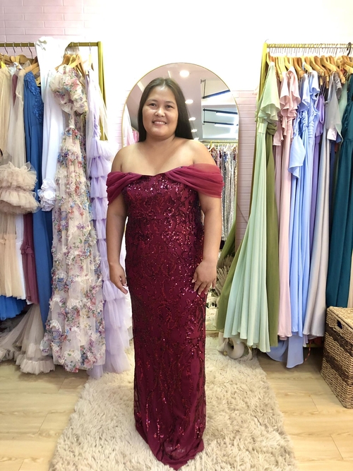 Plus Size Maroon Mesh Sleeves Long Gown