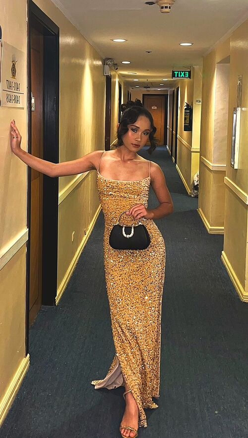 Gold Sequins Glittery Open Cross Back Long Gown