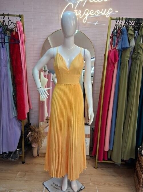 Yellow Backless Pleated Maxi Dress