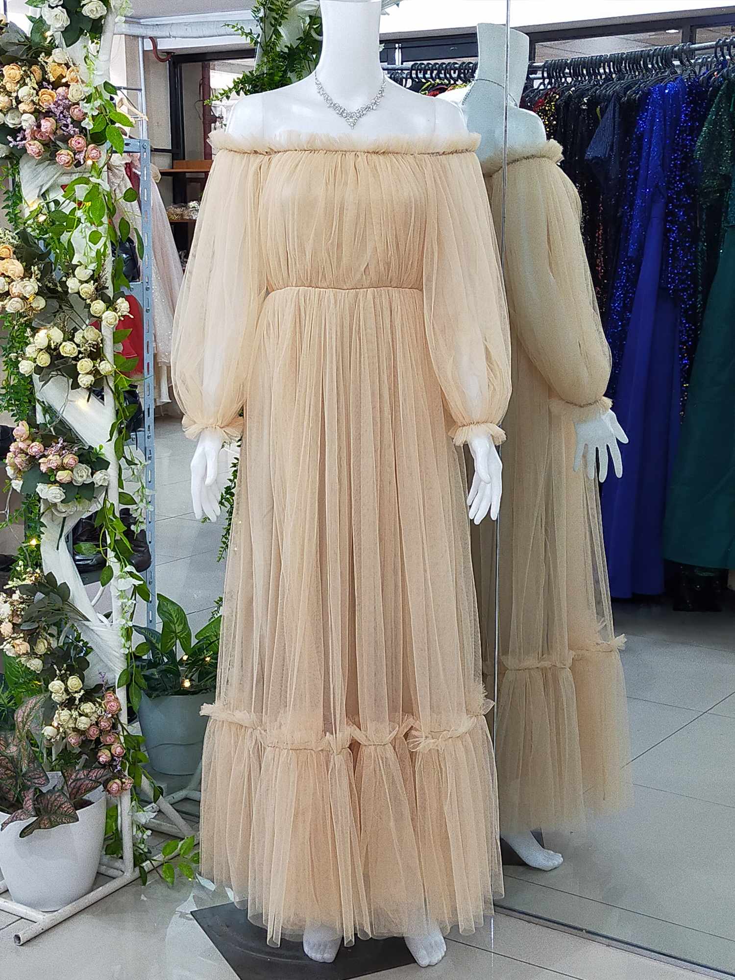 Nude Gold Tulle Boho Offhsoulder Tulle Dress
