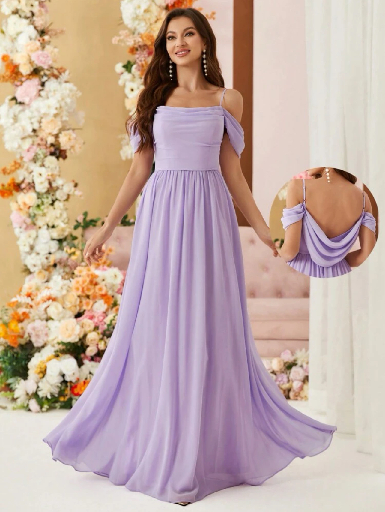 Lavender Spag Offshoulder Bridesmaid Gown
