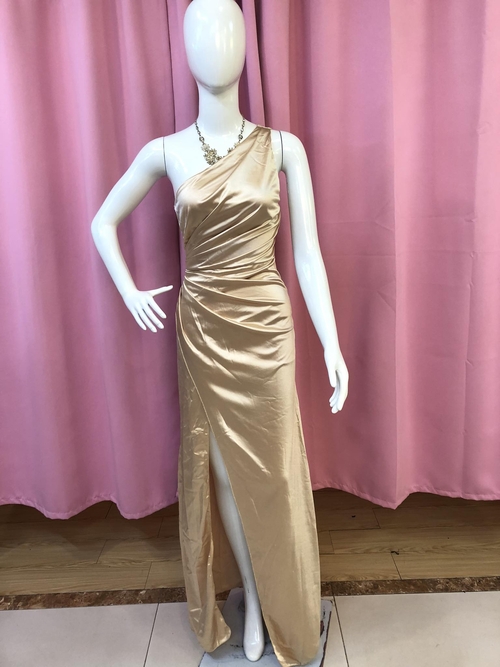 Champagne One Shoulder Rutched Split Tigh Satin Bridesmaid Gown
