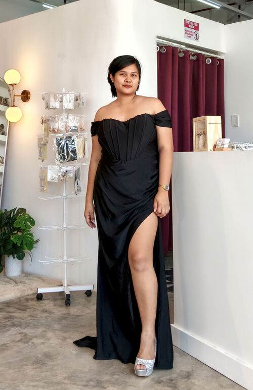 Plain Black OffShoulder Slit Long Gown 