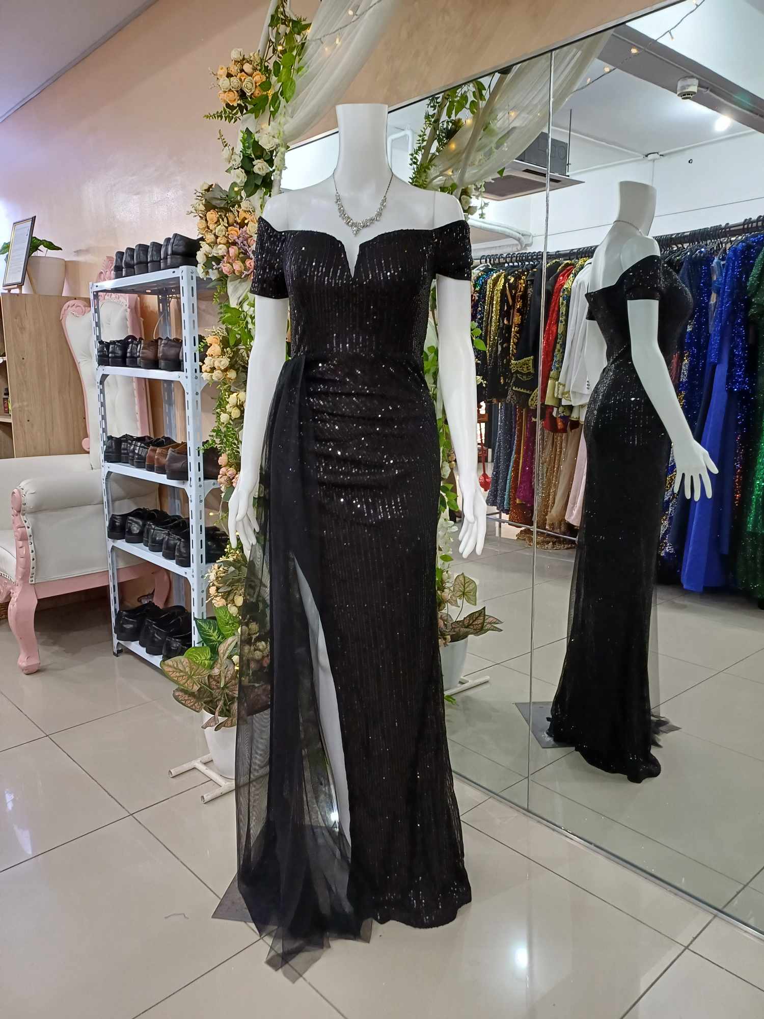 Black Sequins Glittery OffShoulder Slit Long Gown 