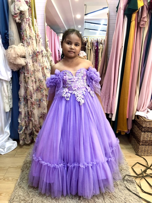 Purple Off Shoulder Tulle Gown For Kids