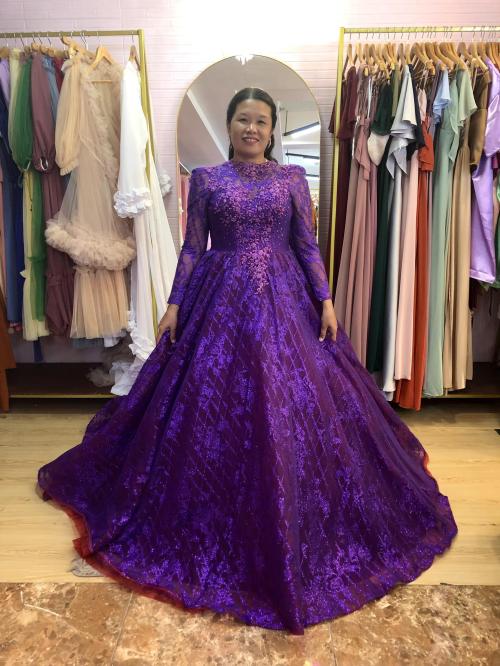 Purple Longsleeves Turtle Neck Glittery Ball Gown
