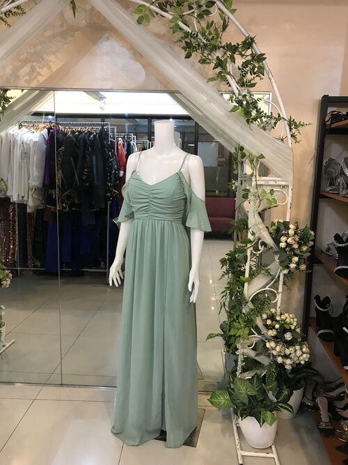 Sage Green Offshoulder Bridesmaid Back Ribbon Dress