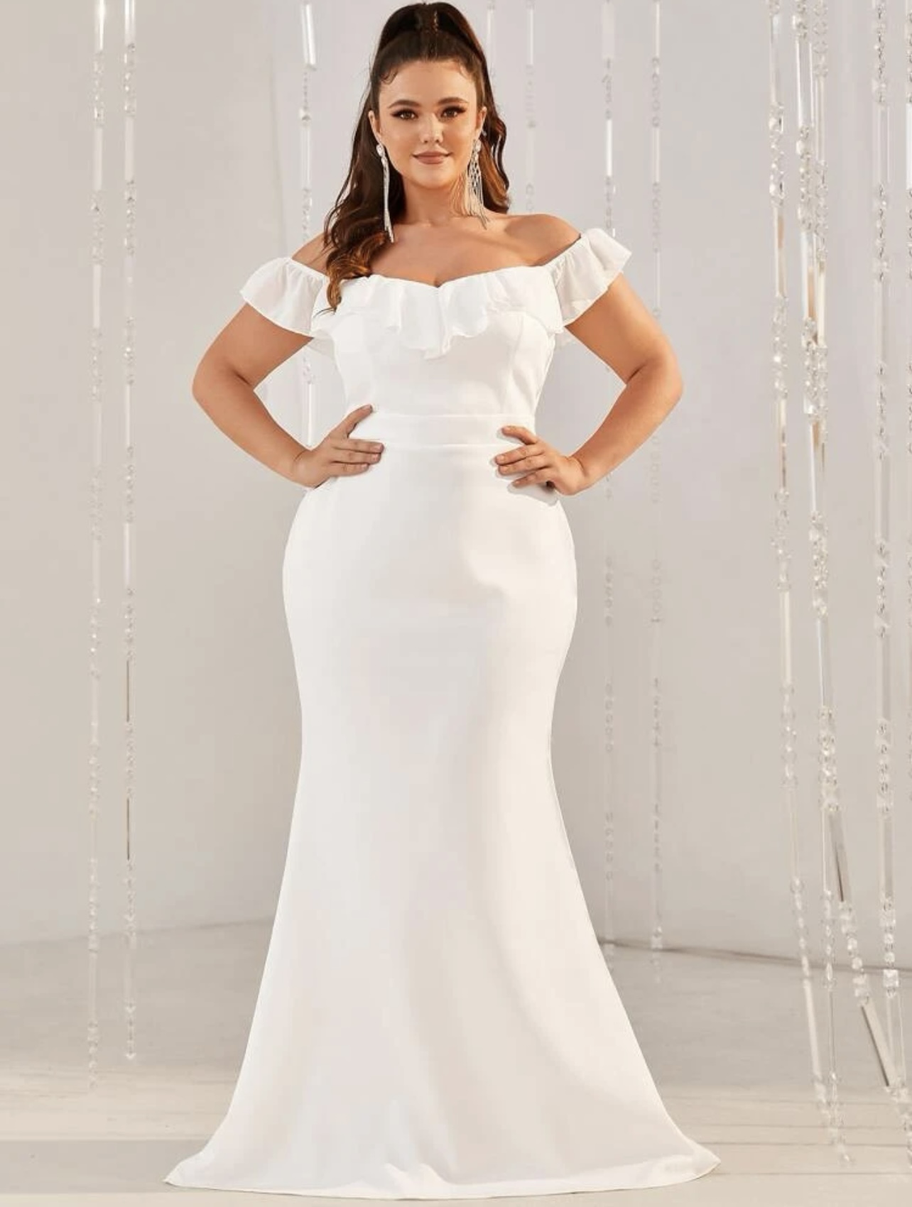 White Plus Size Ruffle Sleeves Mermaid Wedding Gown