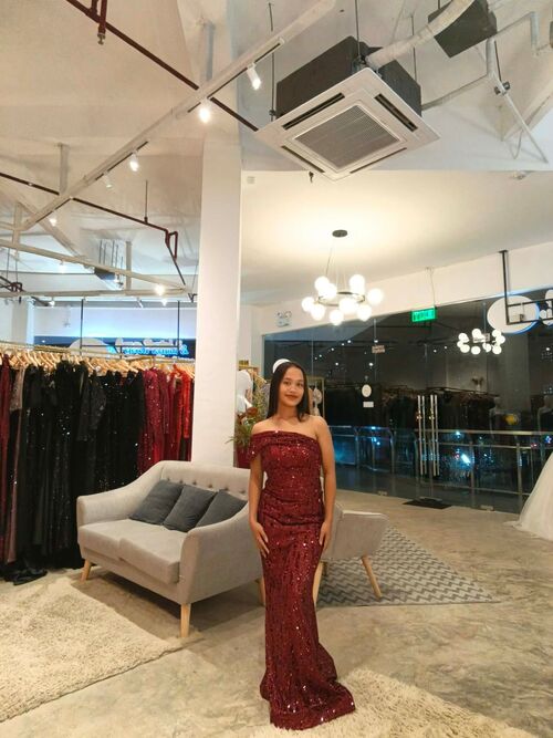 Unithorse Red Asymmetrical One Shoulder Sequins Long Gown